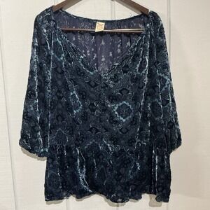 Faded Glory‎ Womens Navy Burnout Velvet Top Gothic Whimsigoth Boho Size XL 16-18